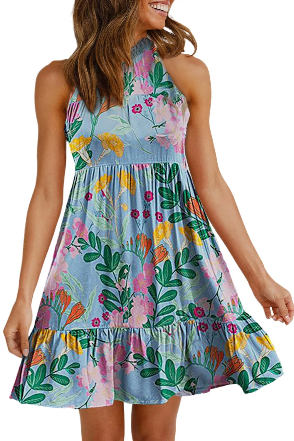 Light Blue Floral Print Ruffled Lace-up Frill Neck Sleeveless Dress