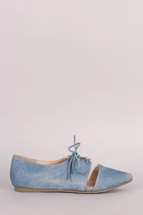 Liliana Denim Print Lucite Inset Lace-Up Oxford Flat