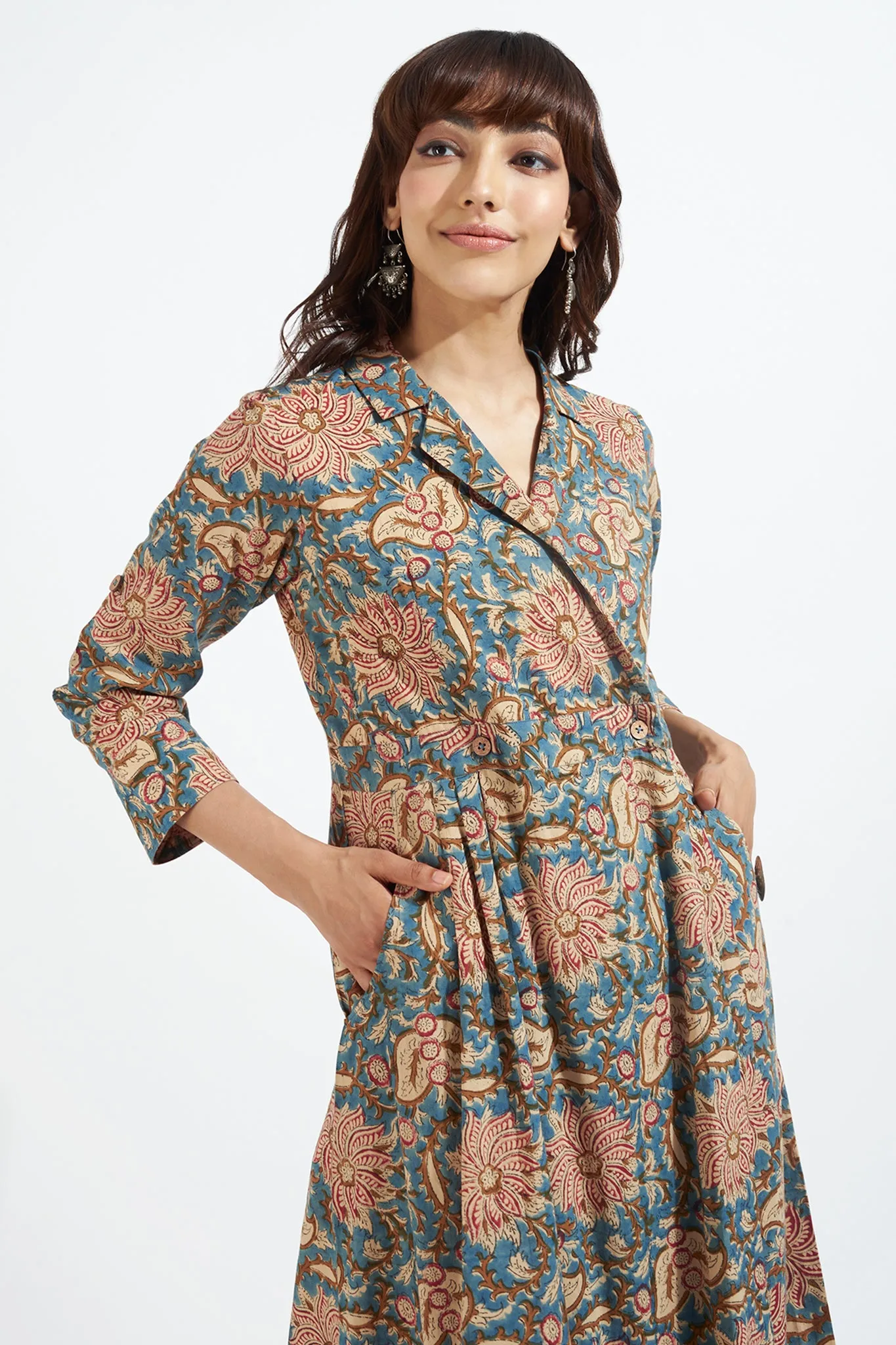 long trench dress - indigo melodies & vintage florals