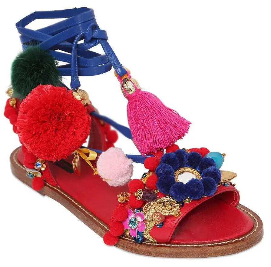 Multicolor Pompom & Tassels Leather Sandals