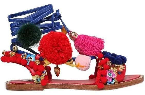 Multicolor Pompom & Tassels Leather Sandals