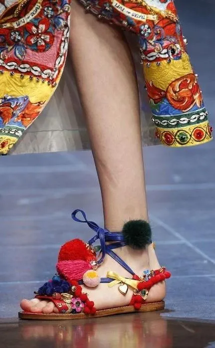 Multicolor Pompom & Tassels Leather Sandals