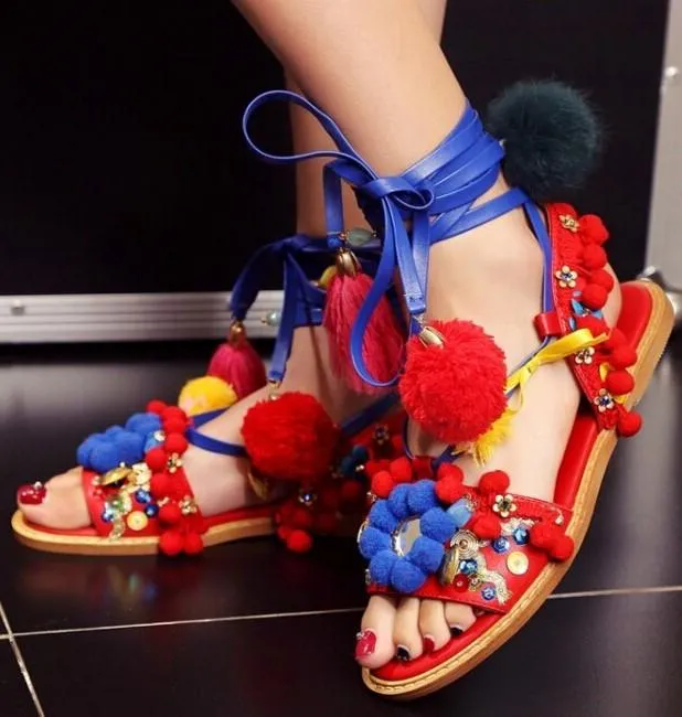 Multicolor Pompom & Tassels Leather Sandals