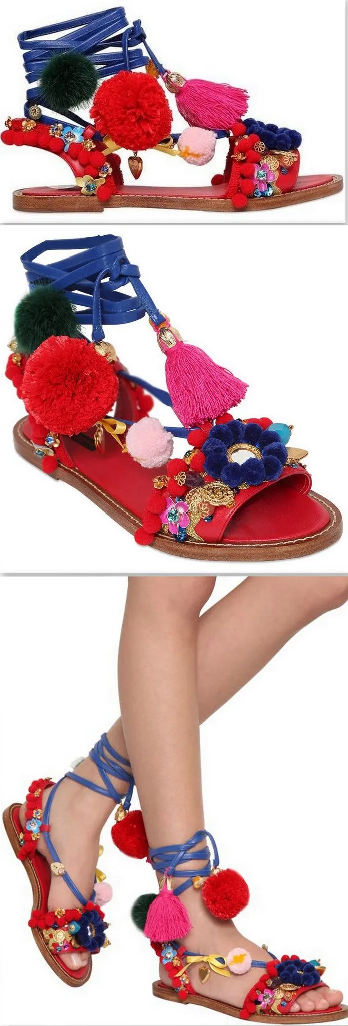 Multicolor Pompom & Tassels Leather Sandals