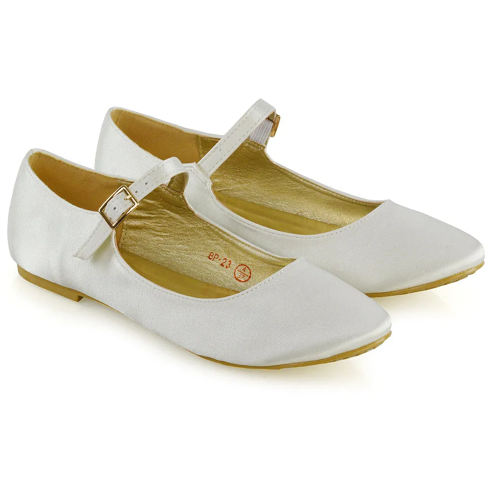 Nellie Ballerina Pump over the Foot Buckle up Strap Wedding Flat Bridal Shoes in Ivory Satin