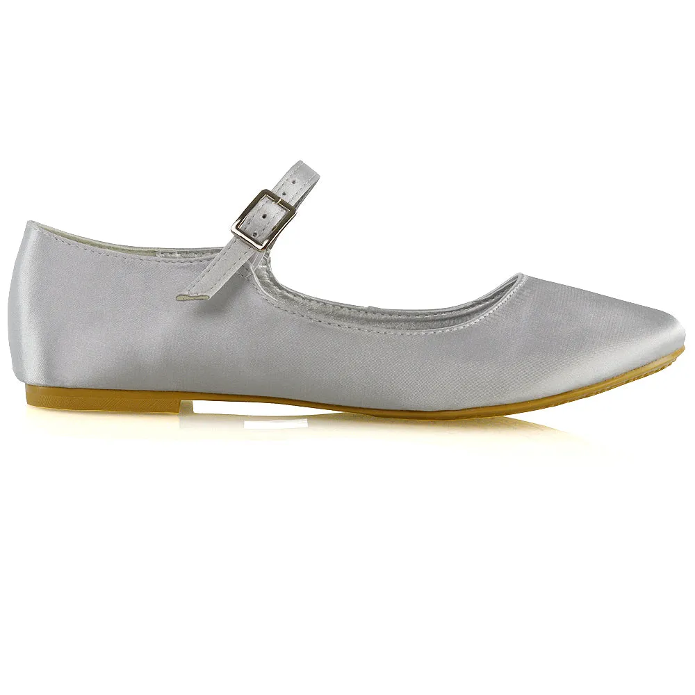 Nellie Ballerina Pump over the Foot Buckle up Strap Wedding Flat Bridal Shoes in Ivory Satin