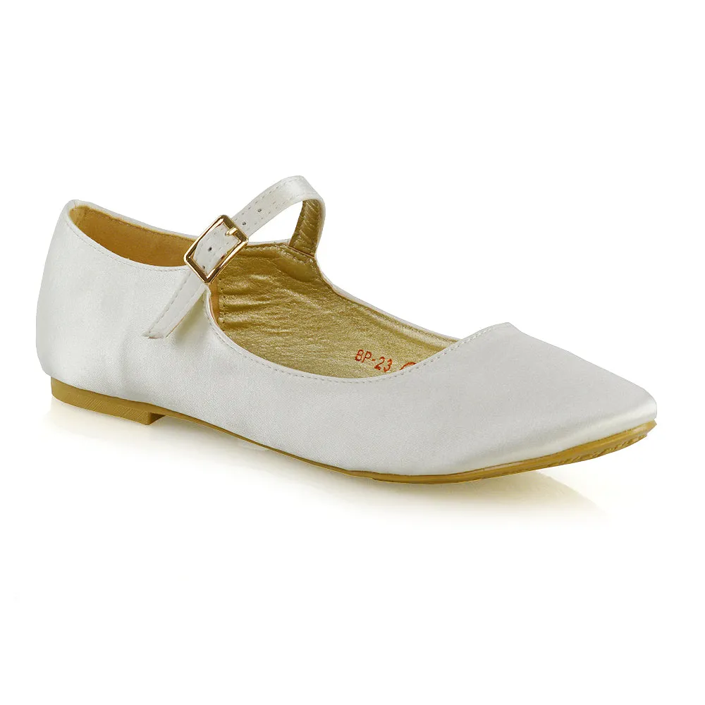 Nellie Ballerina Pump over the Foot Buckle up Strap Wedding Flat Bridal Shoes in Ivory Satin