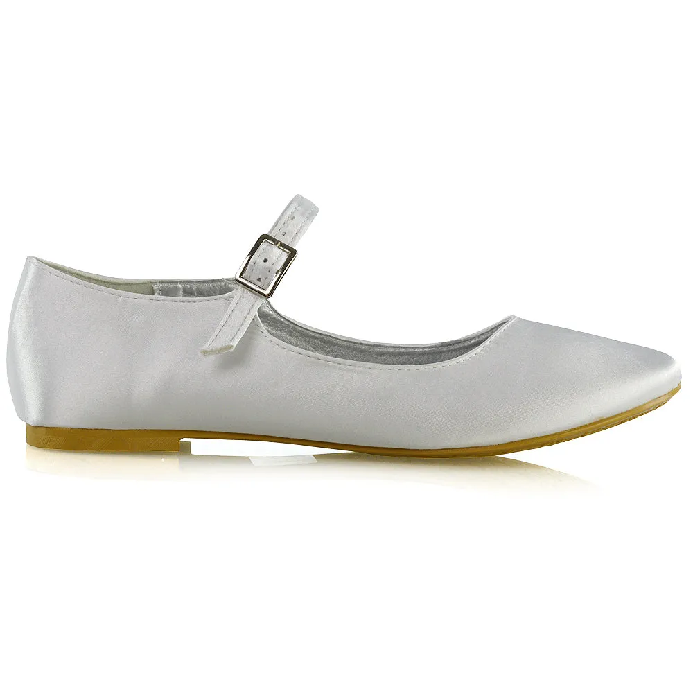 Nellie Ballerina Pump over the Foot Buckle up Strap Wedding Flat Bridal Shoes in Ivory Satin