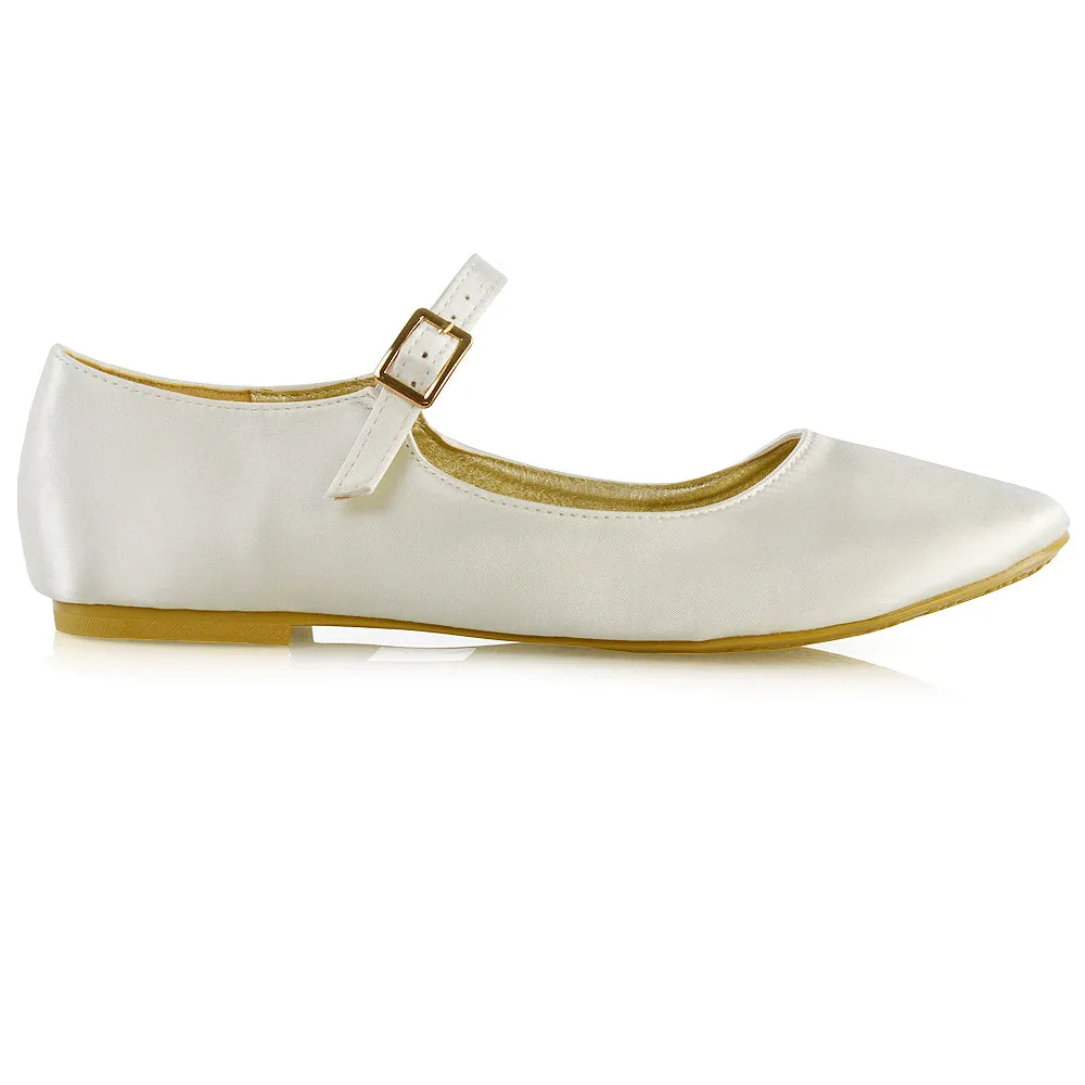 Nellie Ballerina Pump over the Foot Buckle up Strap Wedding Flat Bridal Shoes in Ivory Satin