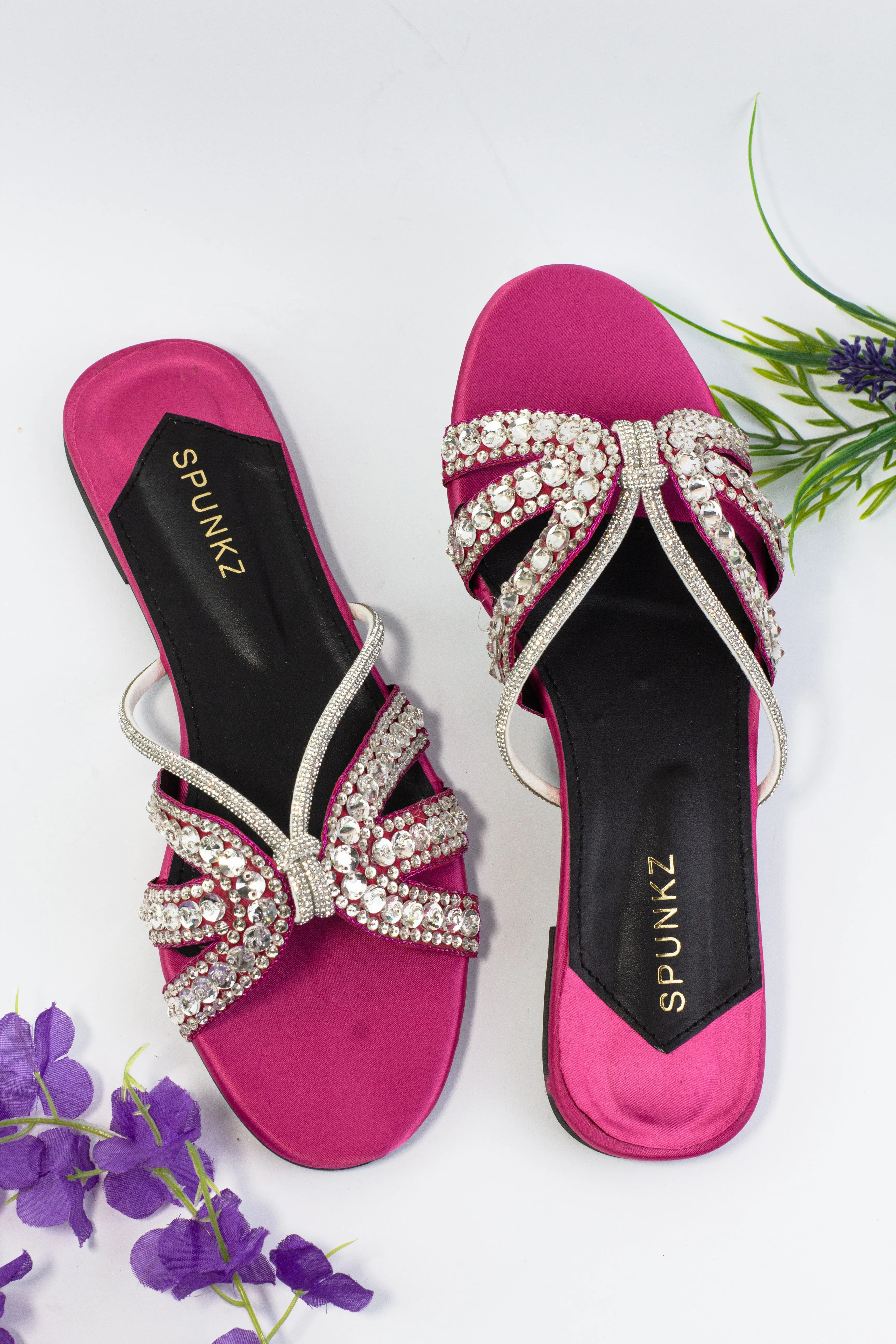 Norah Crystal Embellished Pink Slide Flats