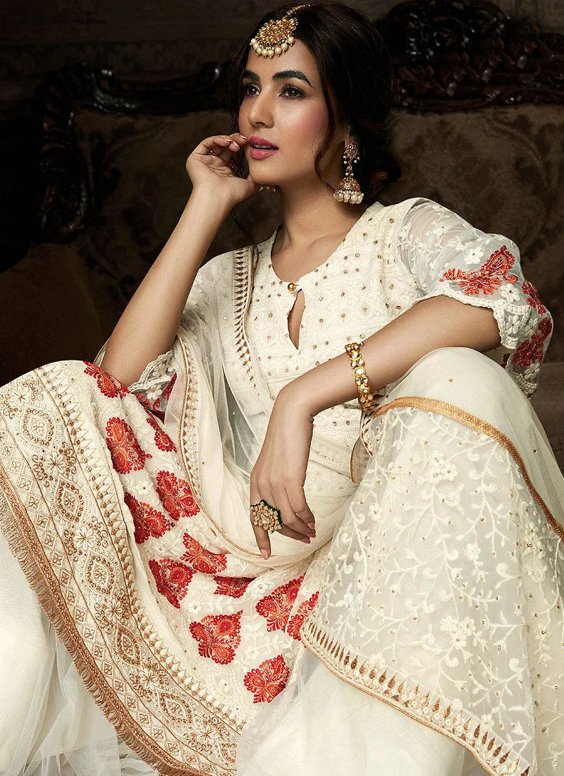 Off White Embroidered Indo Western Style Sharara Suit