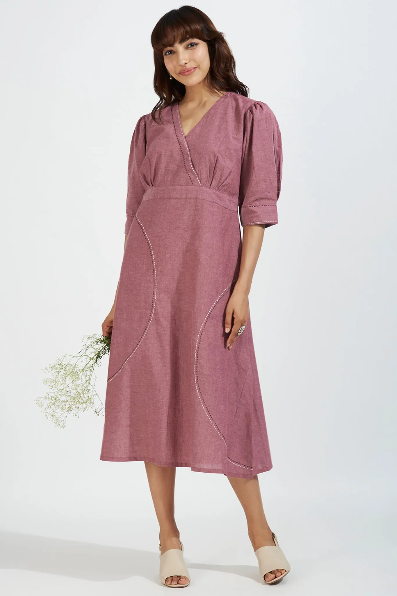 overlap dress with puffed sleeve - buffed rose & sandstone