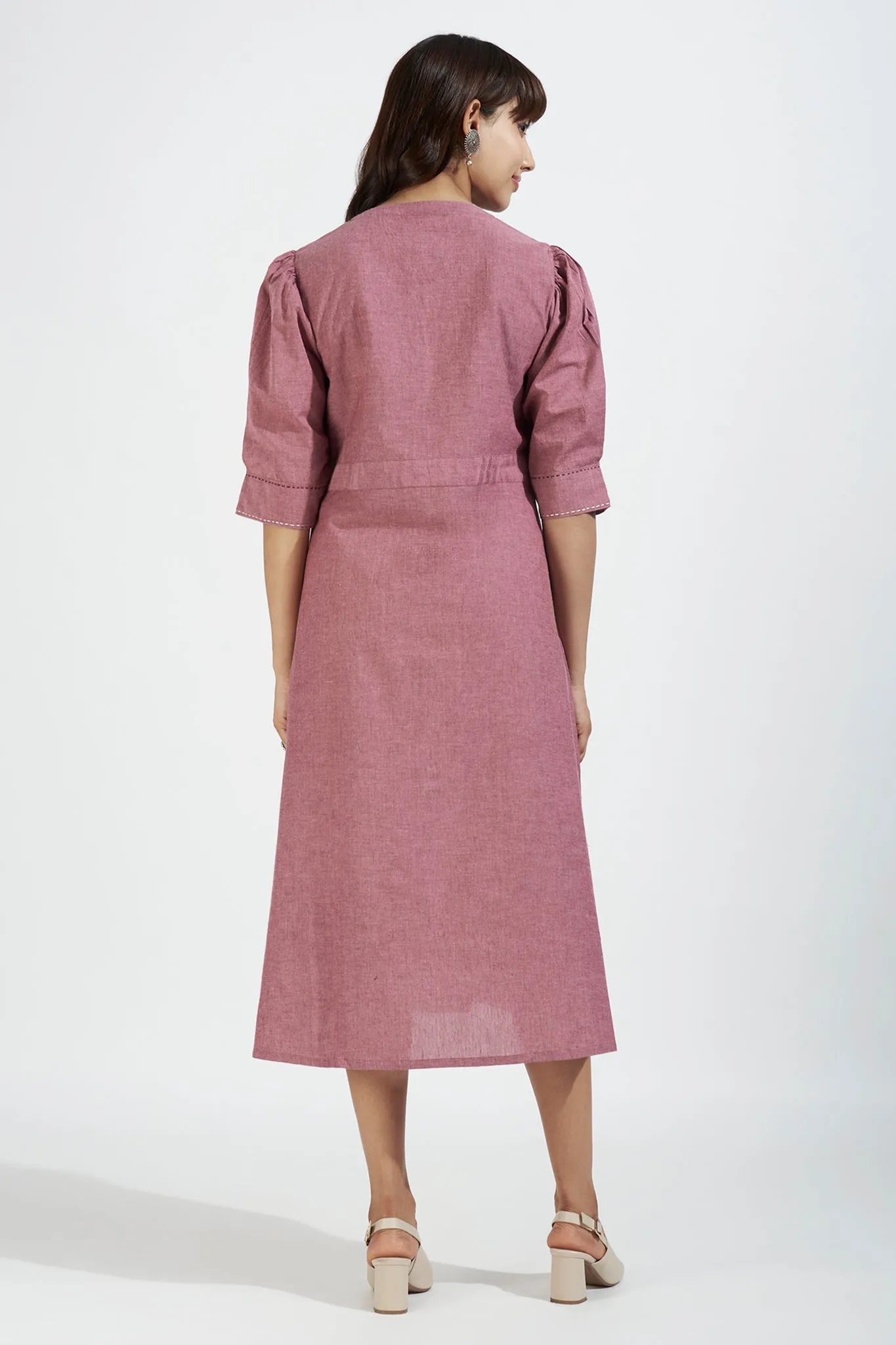 overlap dress with puffed sleeve - buffed rose & sandstone