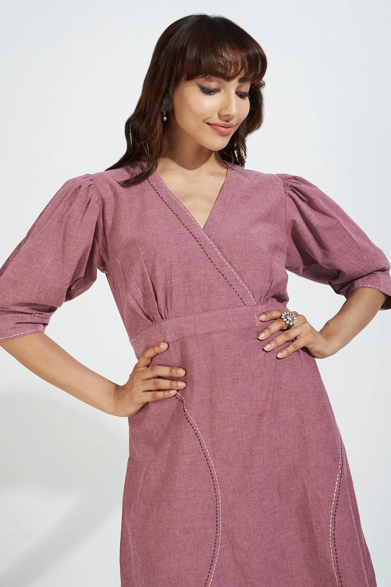 overlap dress with puffed sleeve - buffed rose & sandstone