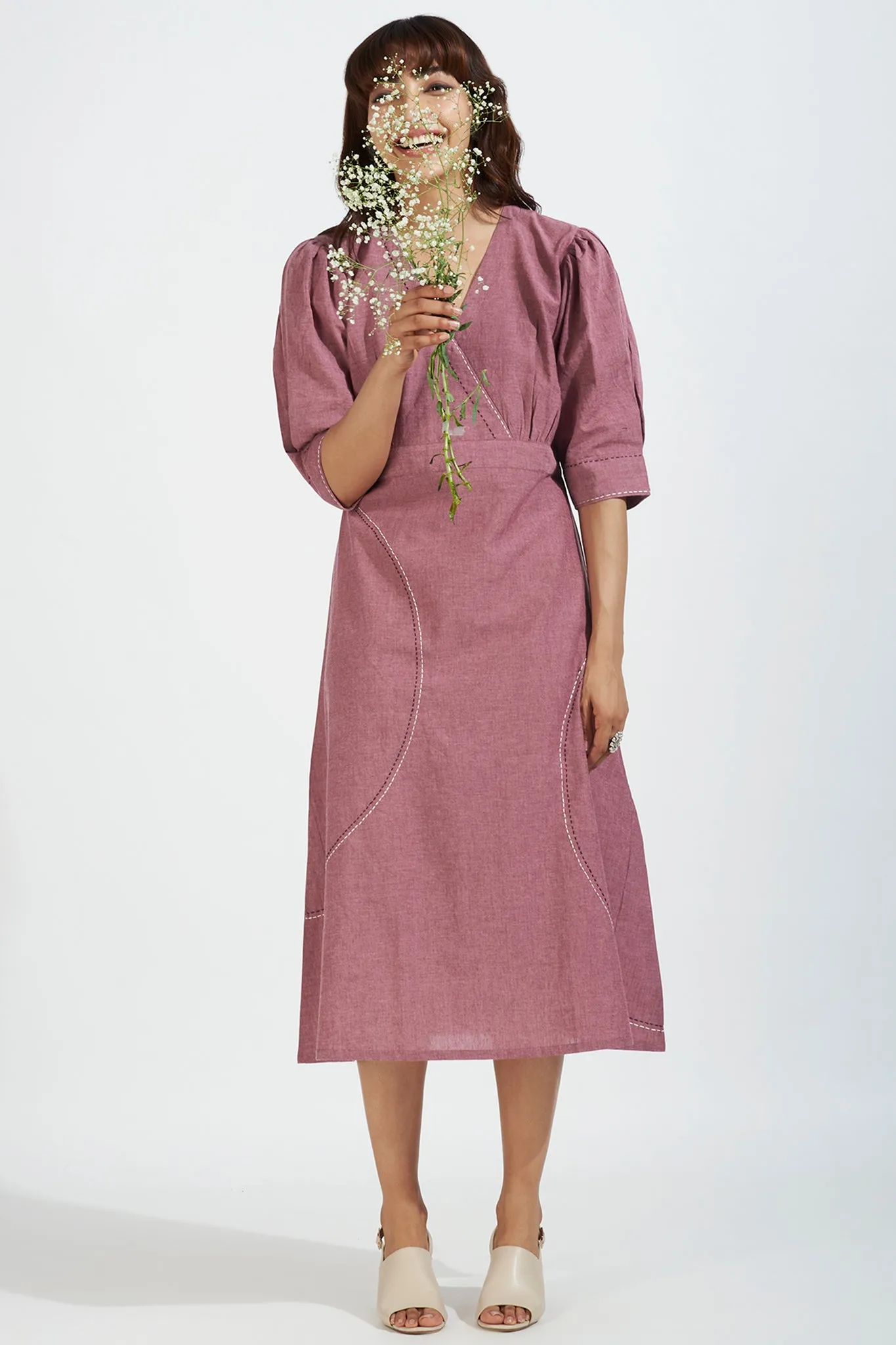 overlap dress with puffed sleeve - buffed rose & sandstone