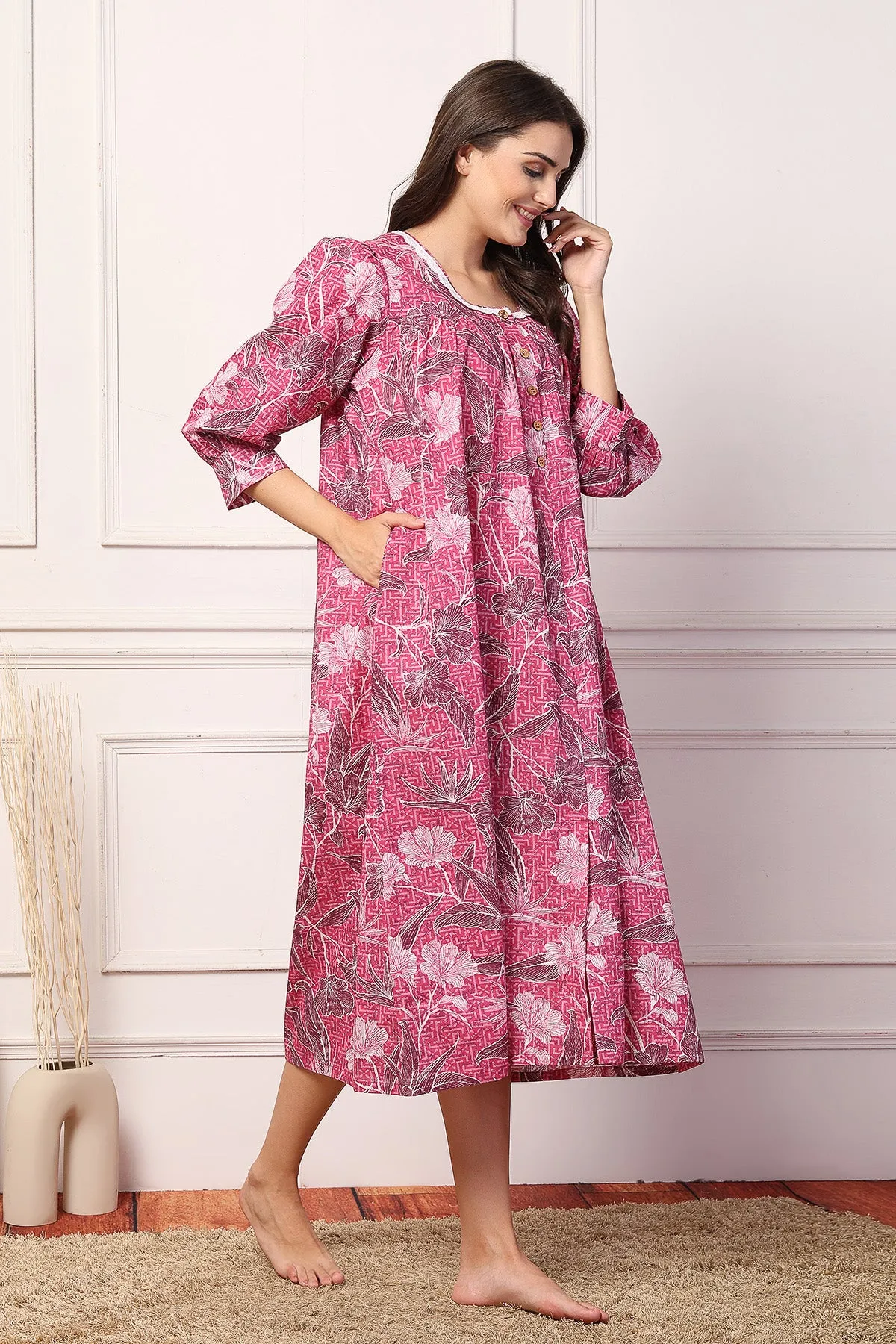 Pink floral Comfort Cotton Zipless Feeding Maternity Maxi