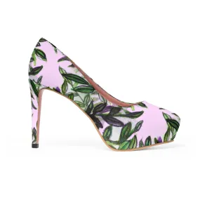 Pink Green Tropical Heels, Floral Print Women's Light Pink Designer 4" Platform Heels Shoes