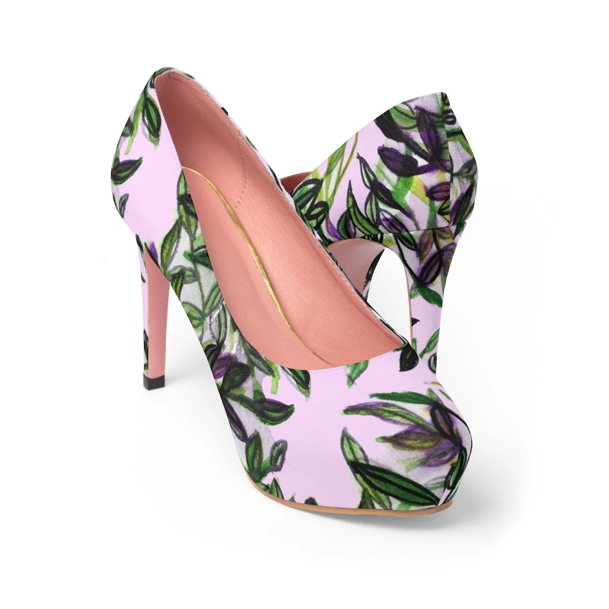 Pink Green Tropical Heels, Floral Print Women's Light Pink Designer 4" Platform Heels Shoes