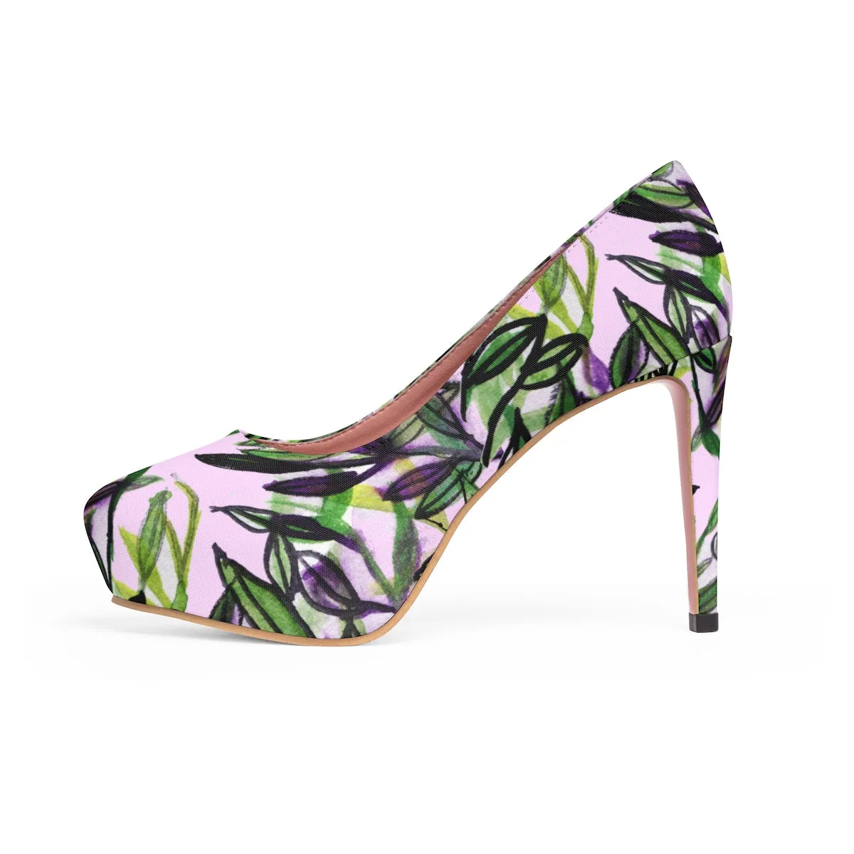 Pink Green Tropical Heels, Floral Print Women's Light Pink Designer 4" Platform Heels Shoes