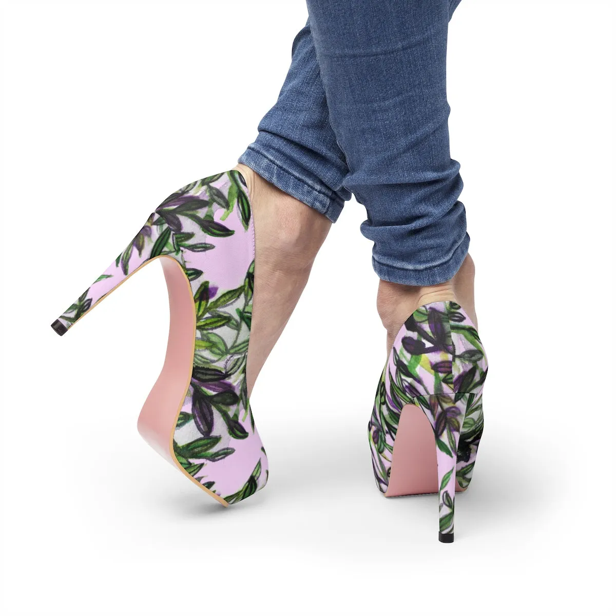 Pink Green Tropical Heels, Floral Print Women's Light Pink Designer 4" Platform Heels Shoes