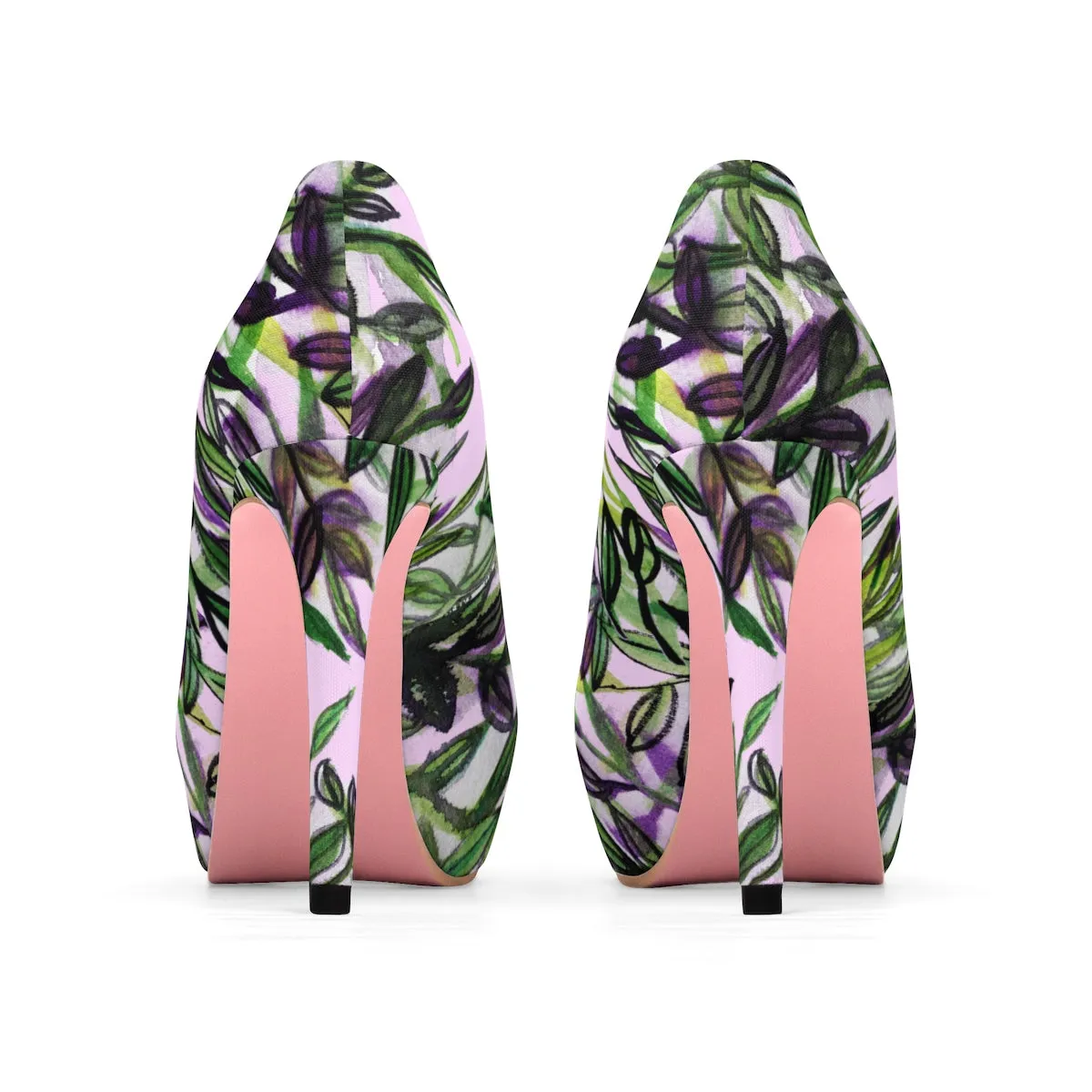 Pink Green Tropical Heels, Floral Print Women's Light Pink Designer 4" Platform Heels Shoes