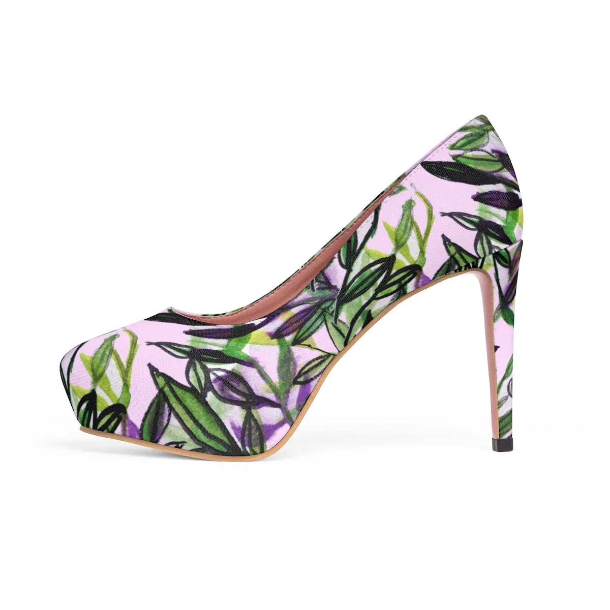 Pink Green Tropical Heels, Floral Print Women's Light Pink Designer 4" Platform Heels Shoes