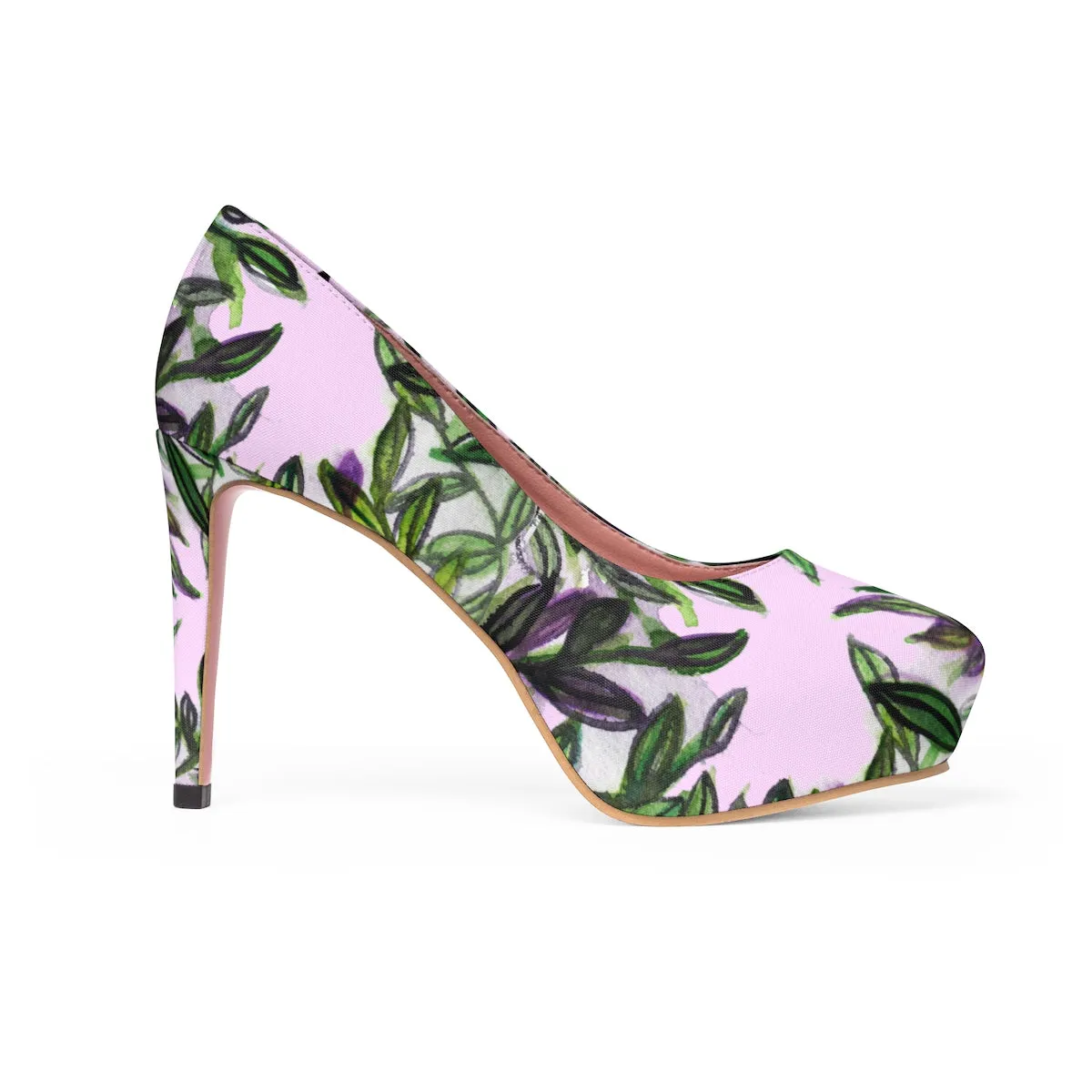 Pink Green Tropical Heels, Floral Print Women's Light Pink Designer 4" Platform Heels Shoes