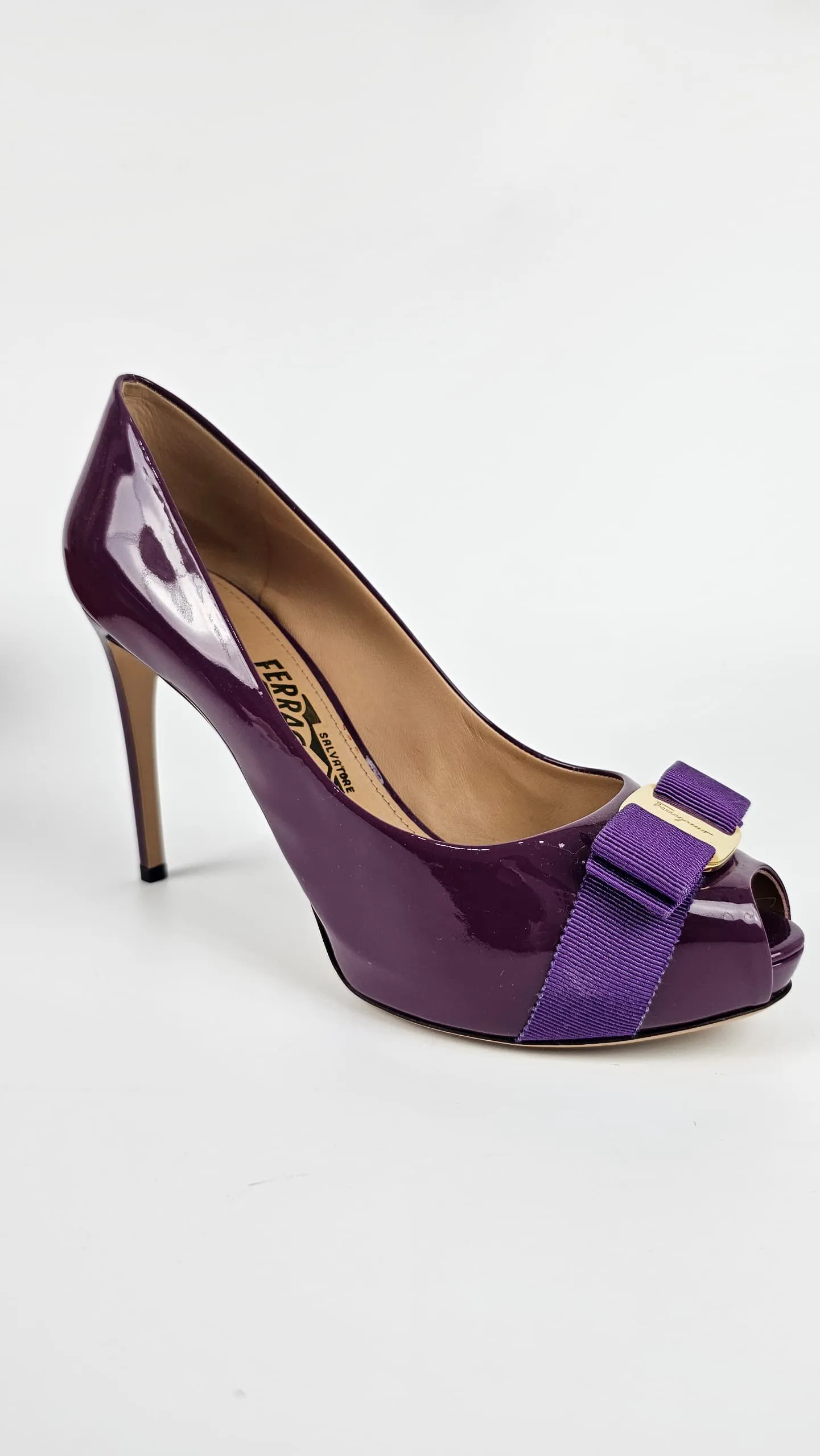 Plum Grape Patent Bow Detail Peep Toe Pumps