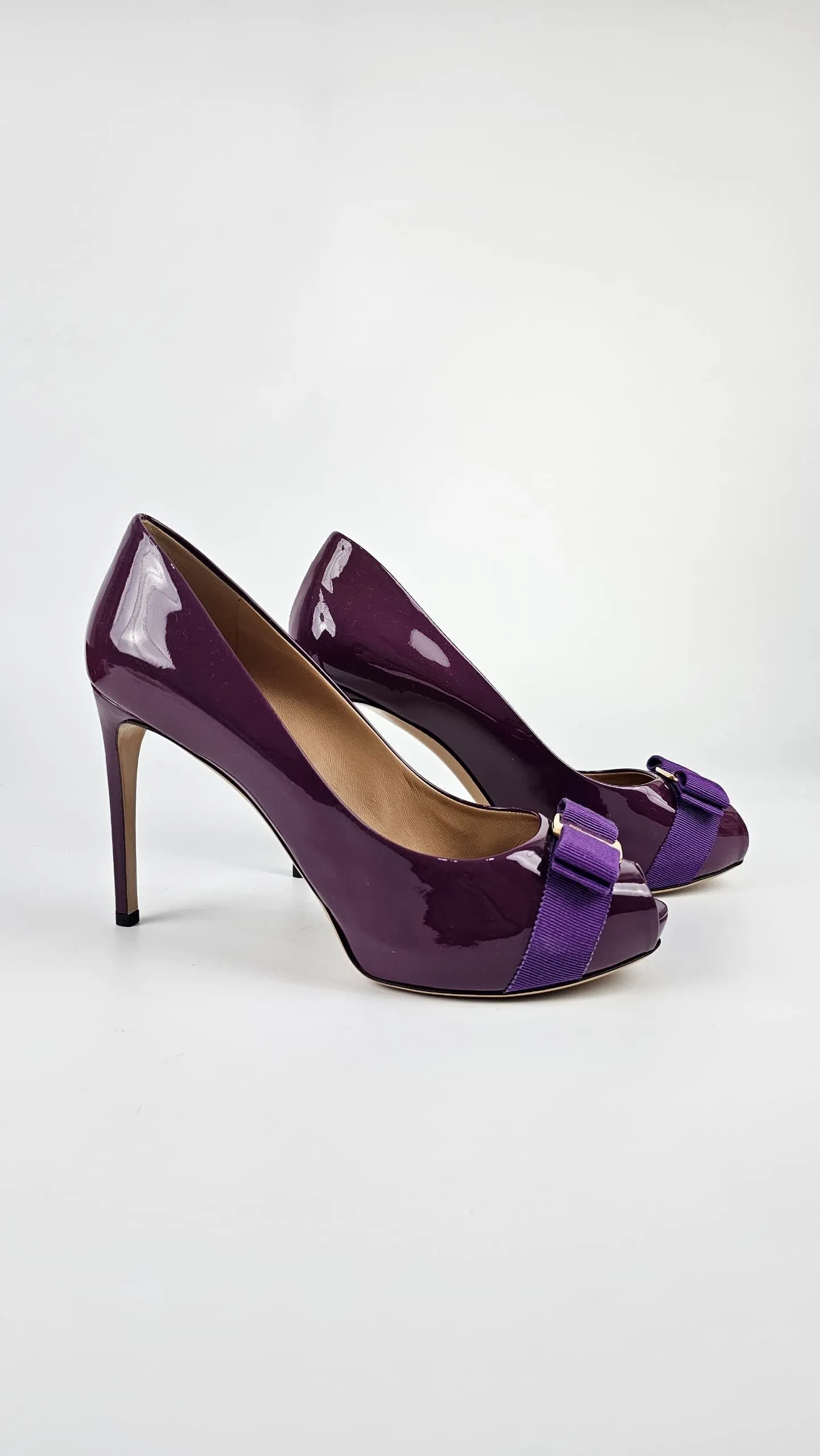 Plum Grape Patent Bow Detail Peep Toe Pumps