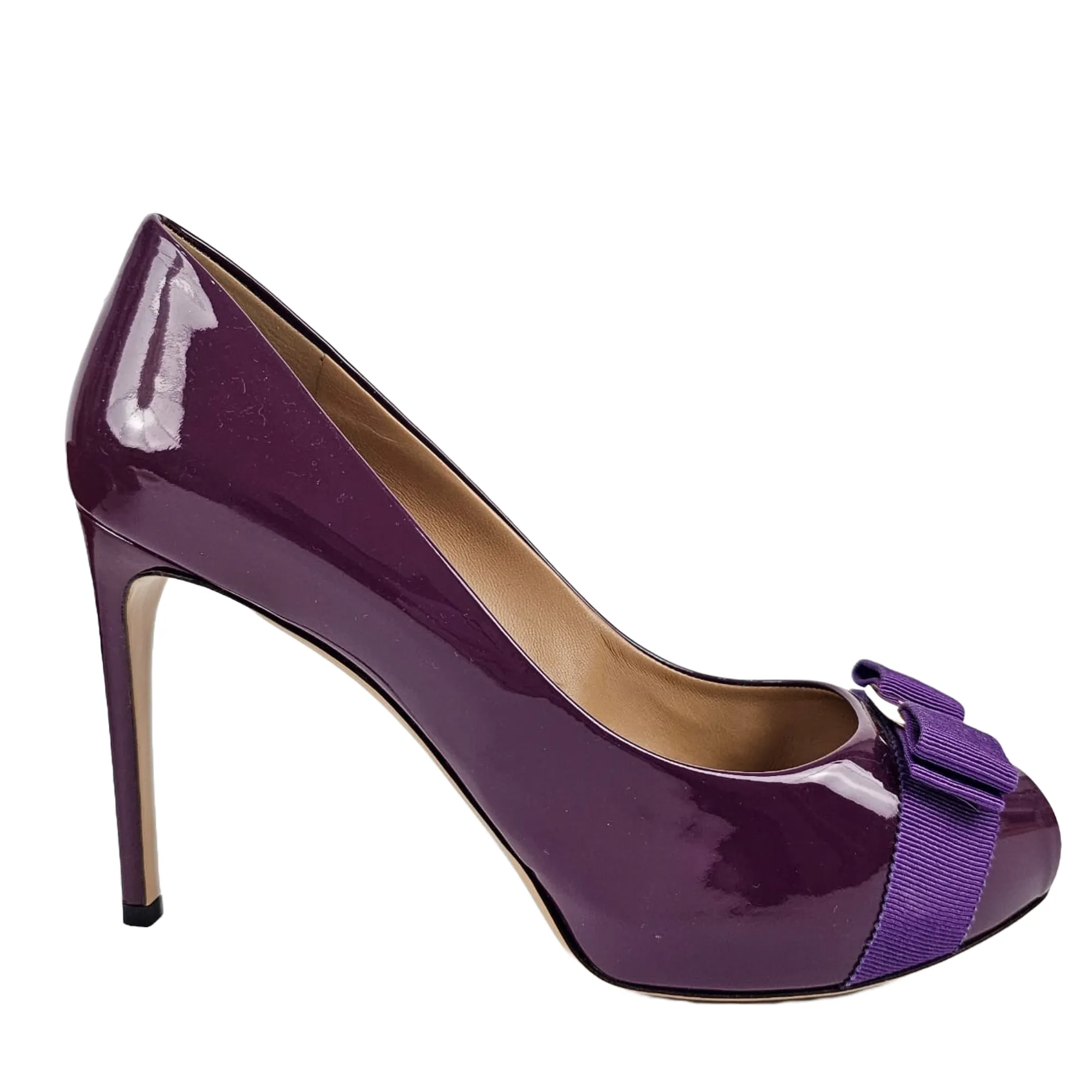 Plum Grape Patent Bow Detail Peep Toe Pumps