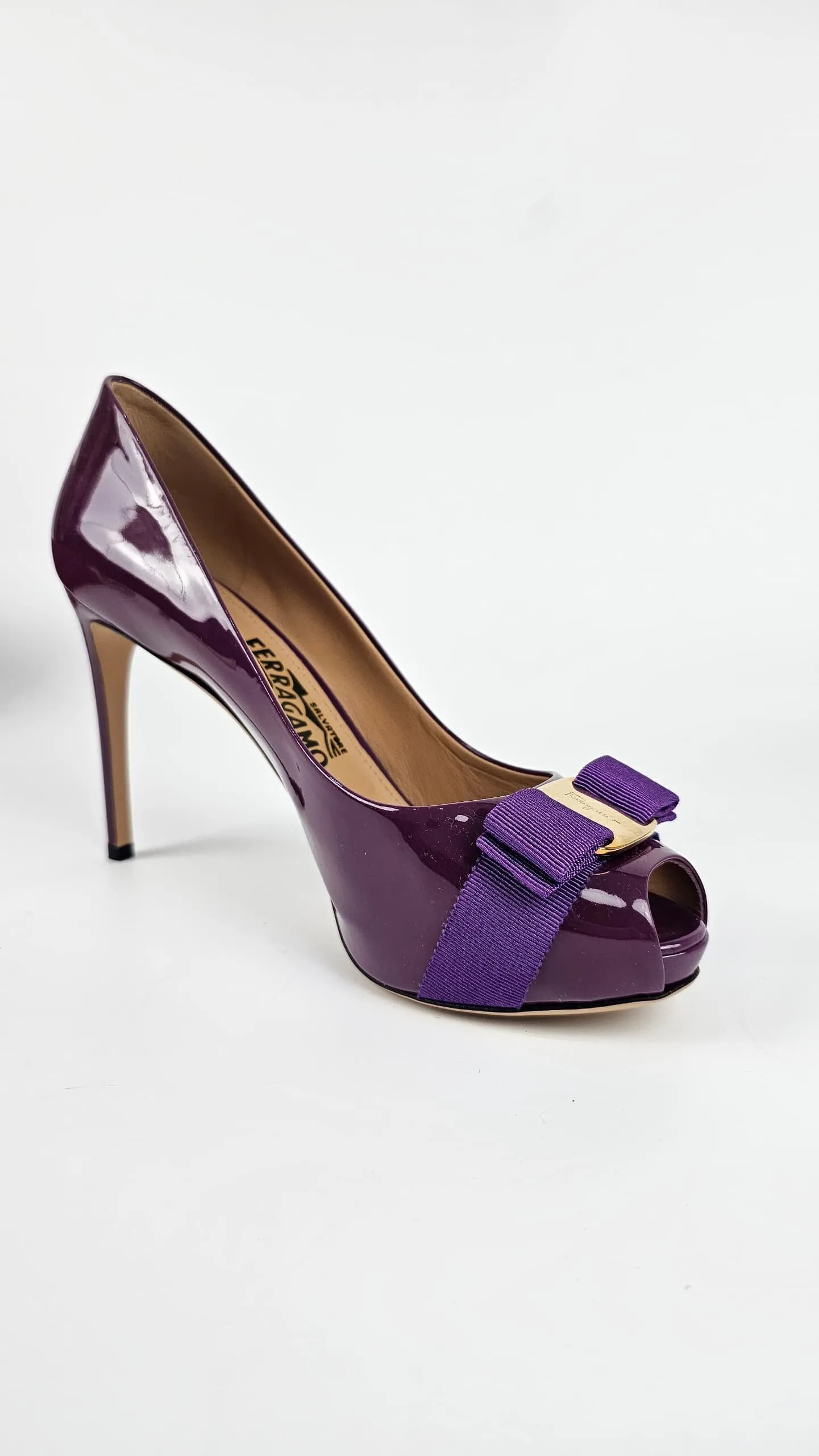 Plum Grape Patent Bow Detail Peep Toe Pumps