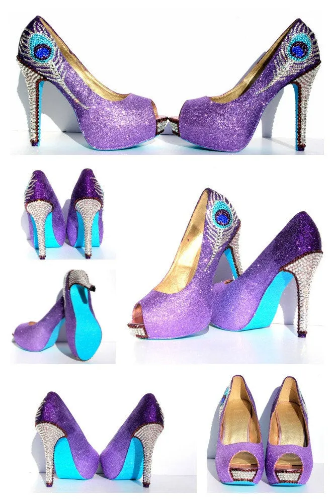 Purple Crystal Peacock Heels with Aqua Soles