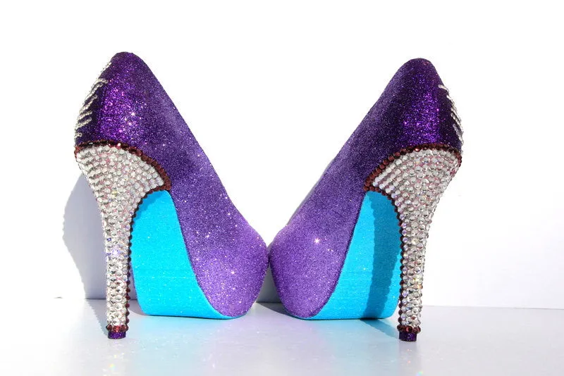 Purple Crystal Peacock Heels with Aqua Soles