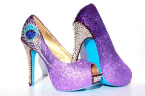 Purple Crystal Peacock Heels with Aqua Soles