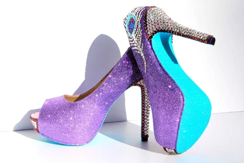 Purple Crystal Peacock Heels with Aqua Soles