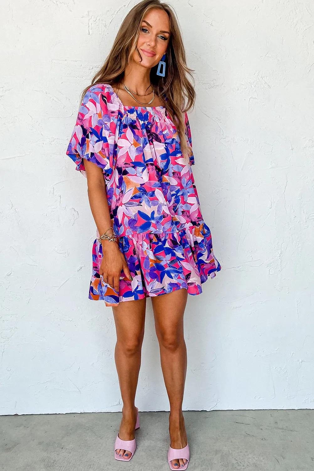 Purple Flower Print Short Puff Sleeve Ruffle Mini Dress