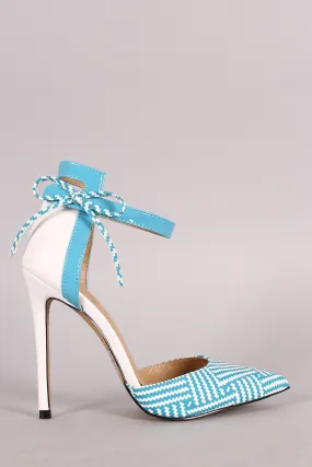 Raffia Print Bow Ankle Strap Stiletto Pump