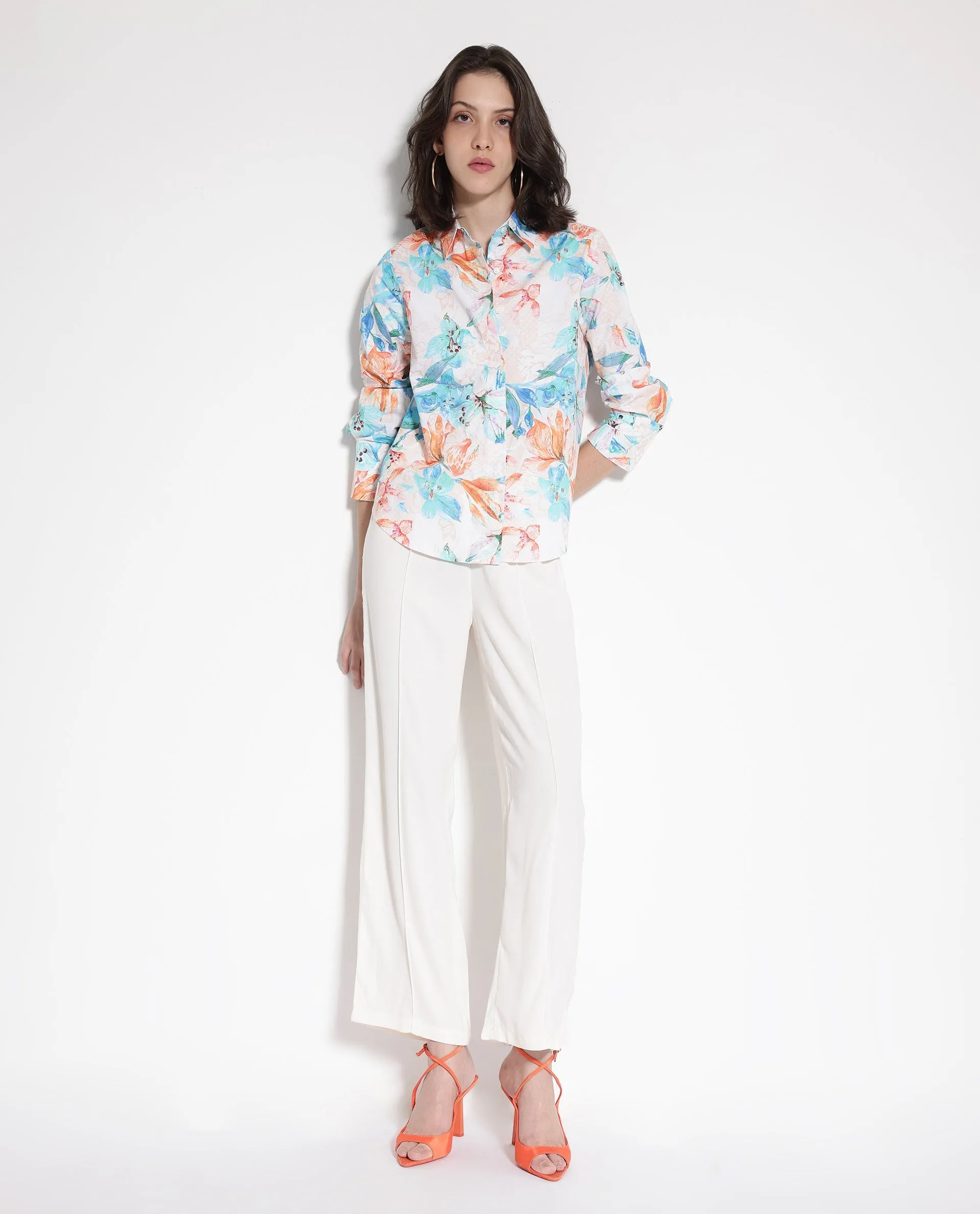 Rareism Women Abbi Off White Cuffed Sleeve Collared Collar Button Relaxed Fit Floral Print Top