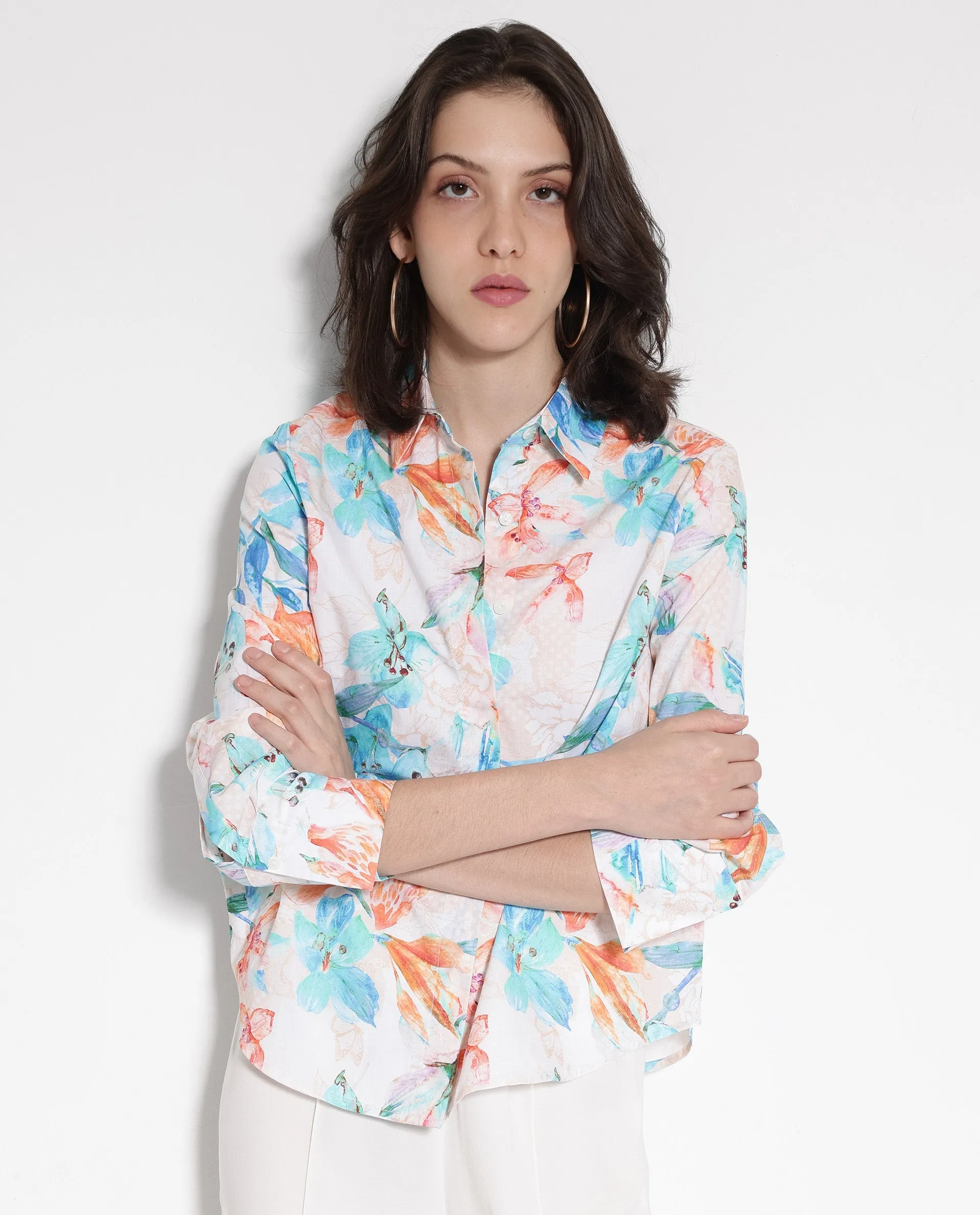 Rareism Women Abbi Off White Cuffed Sleeve Collared Collar Button Relaxed Fit Floral Print Top