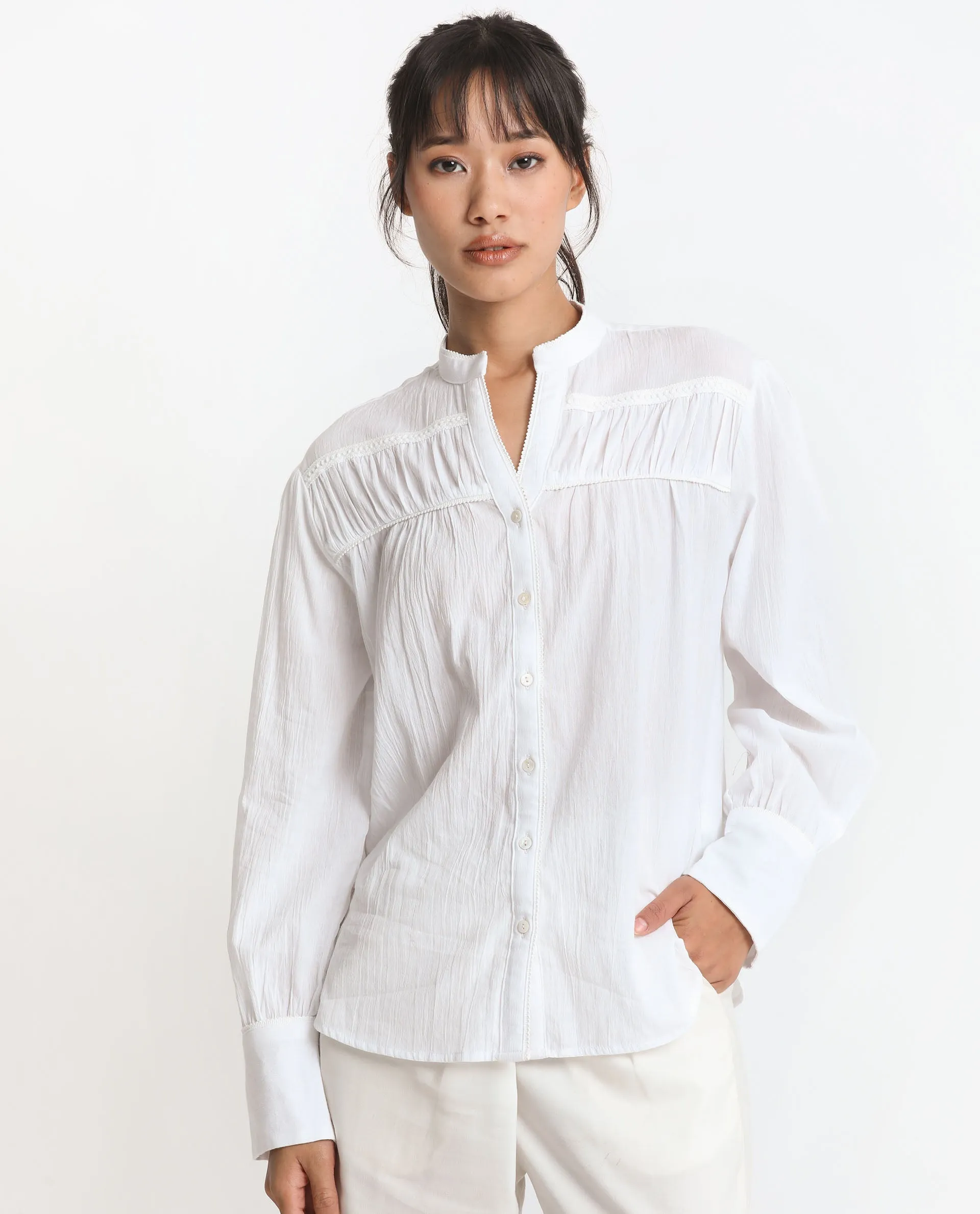 Rareism Women Stern White Cotton Fabric Full Sleeves Mandarin Collar Bishop Sleeve Relaxed Fit Plain Blouse Top