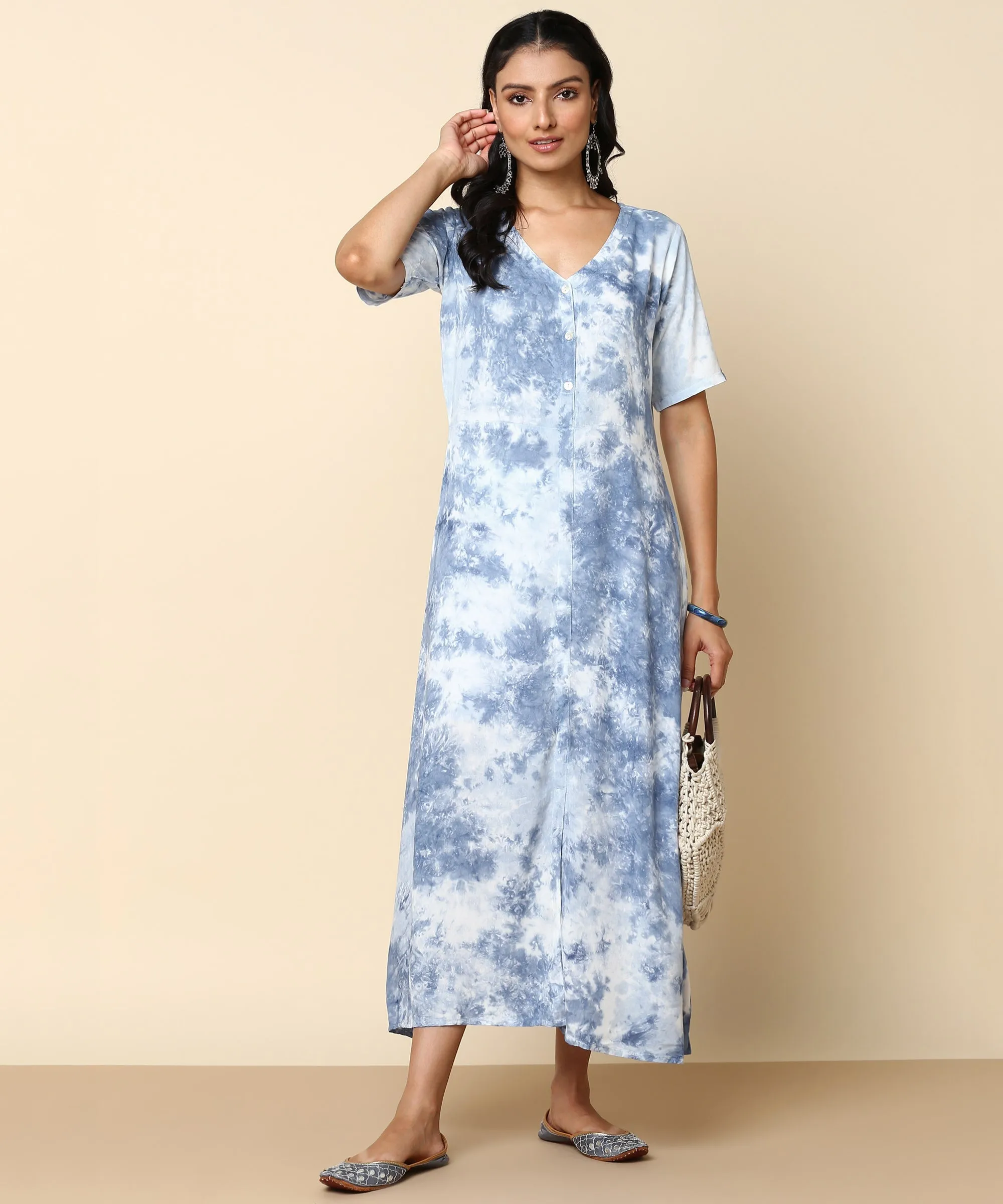 Rayon Tie Dye Grey Front Slit Full Placket Dress