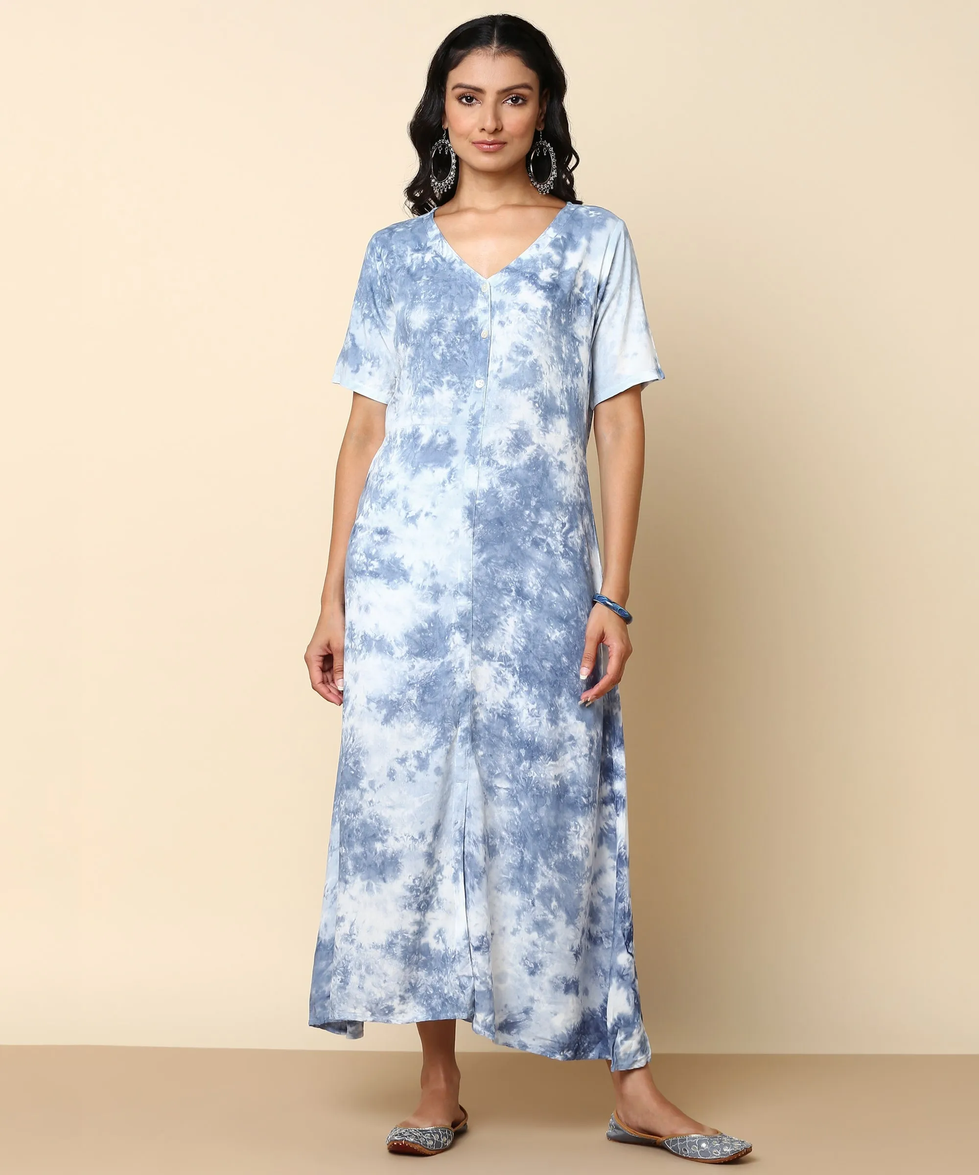 Rayon Tie Dye Grey Front Slit Full Placket Dress