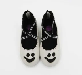 READY TO SHIP- McGhostie White Shimmer   Matte black Aura X Flats WITH STRIPED STRAPS