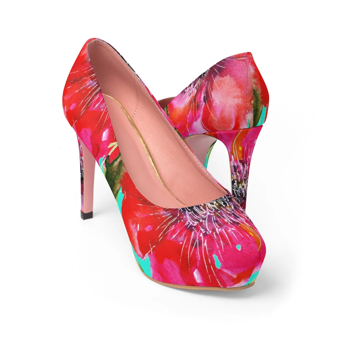 Red Hibiscus Flower Summer Bridal Floral Print Women's 4" Platform Heels (US Size: 5-11)