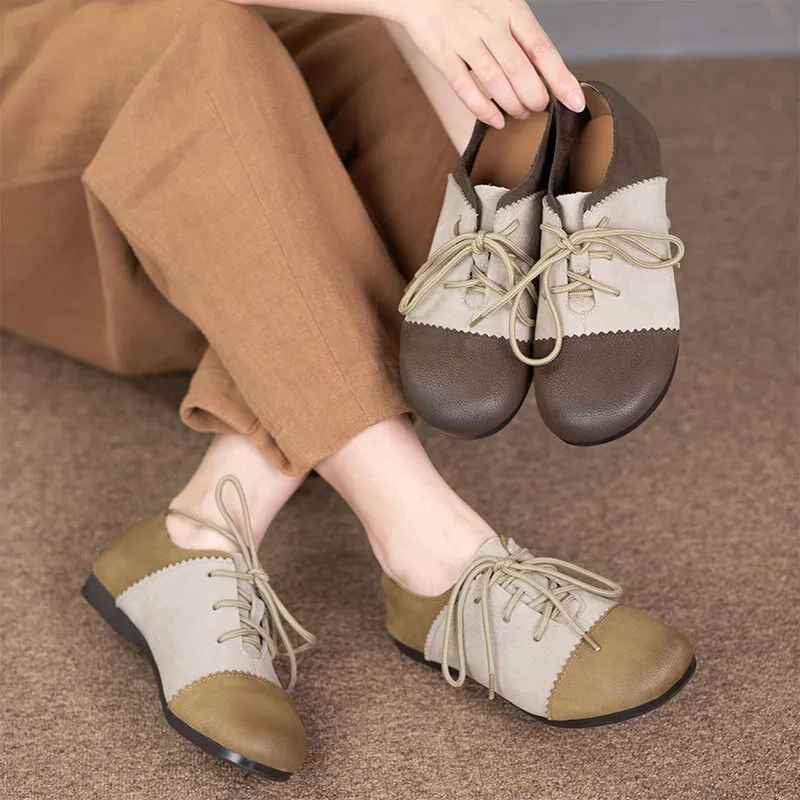 Retro Round Toe Flats For Women Lace Up Shoes In Khaki/Grey