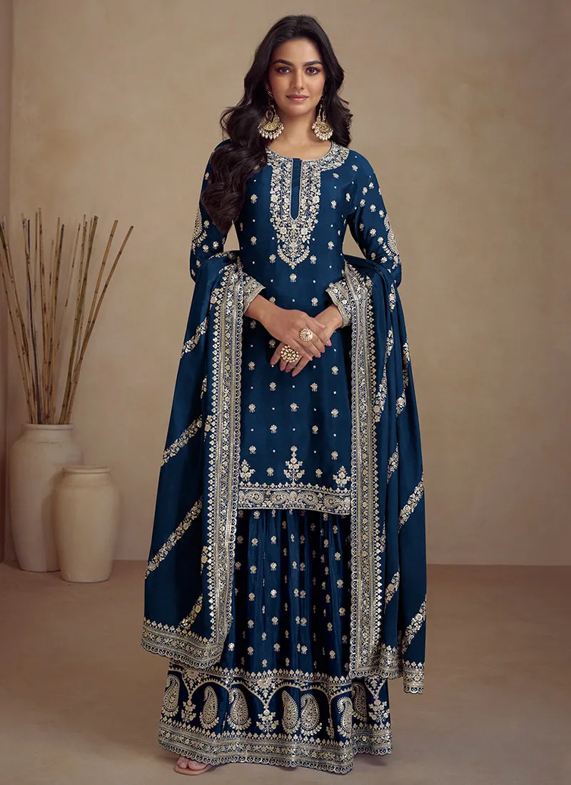 Royal Blue Embroidery Designer Sharara Suit