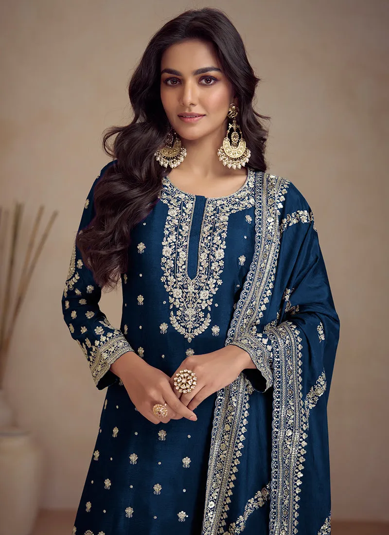 Royal Blue Embroidery Designer Sharara Suit