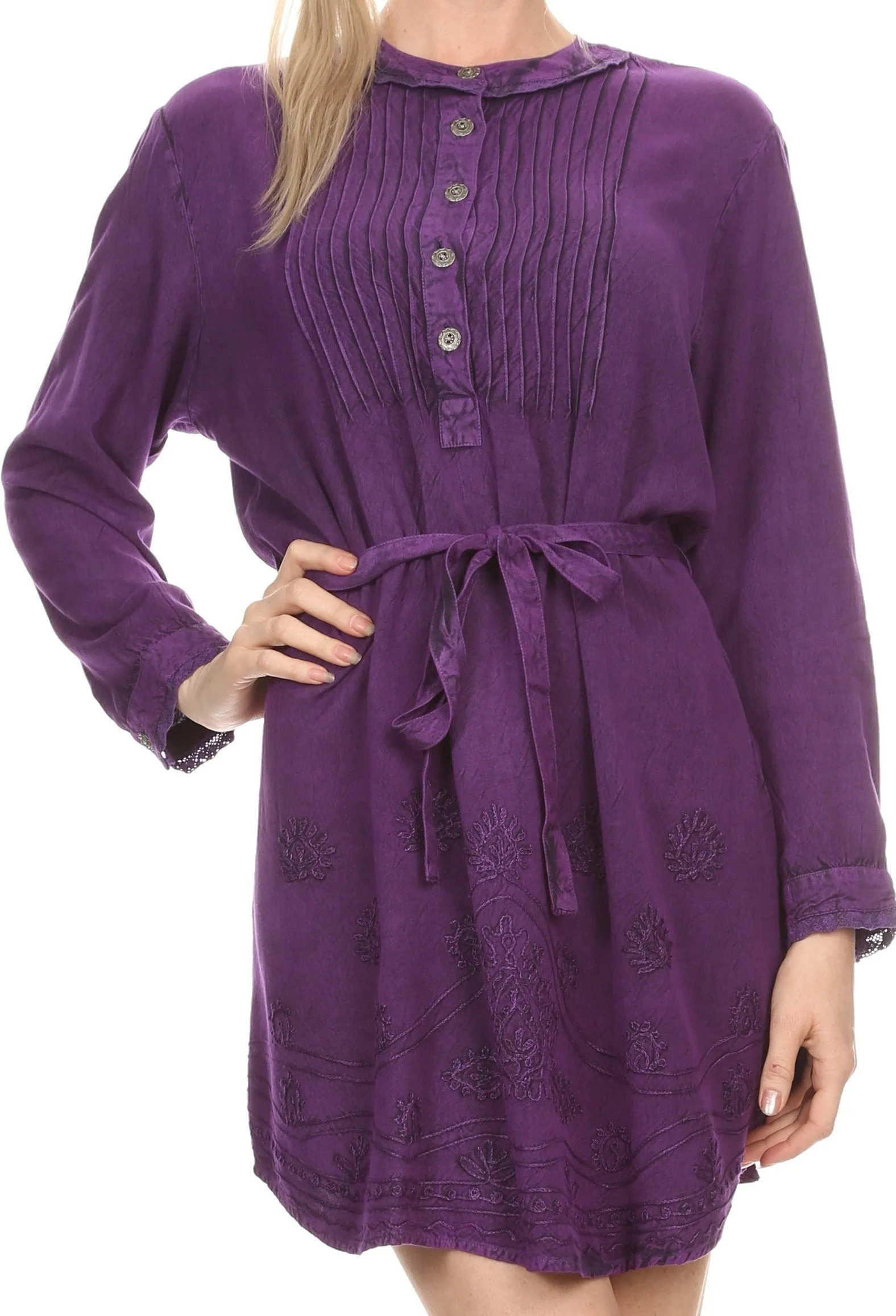 Sakkas Leslie Henley Long Sleeve Crochet Cuffed Embroidered Adjustable Tie Dress