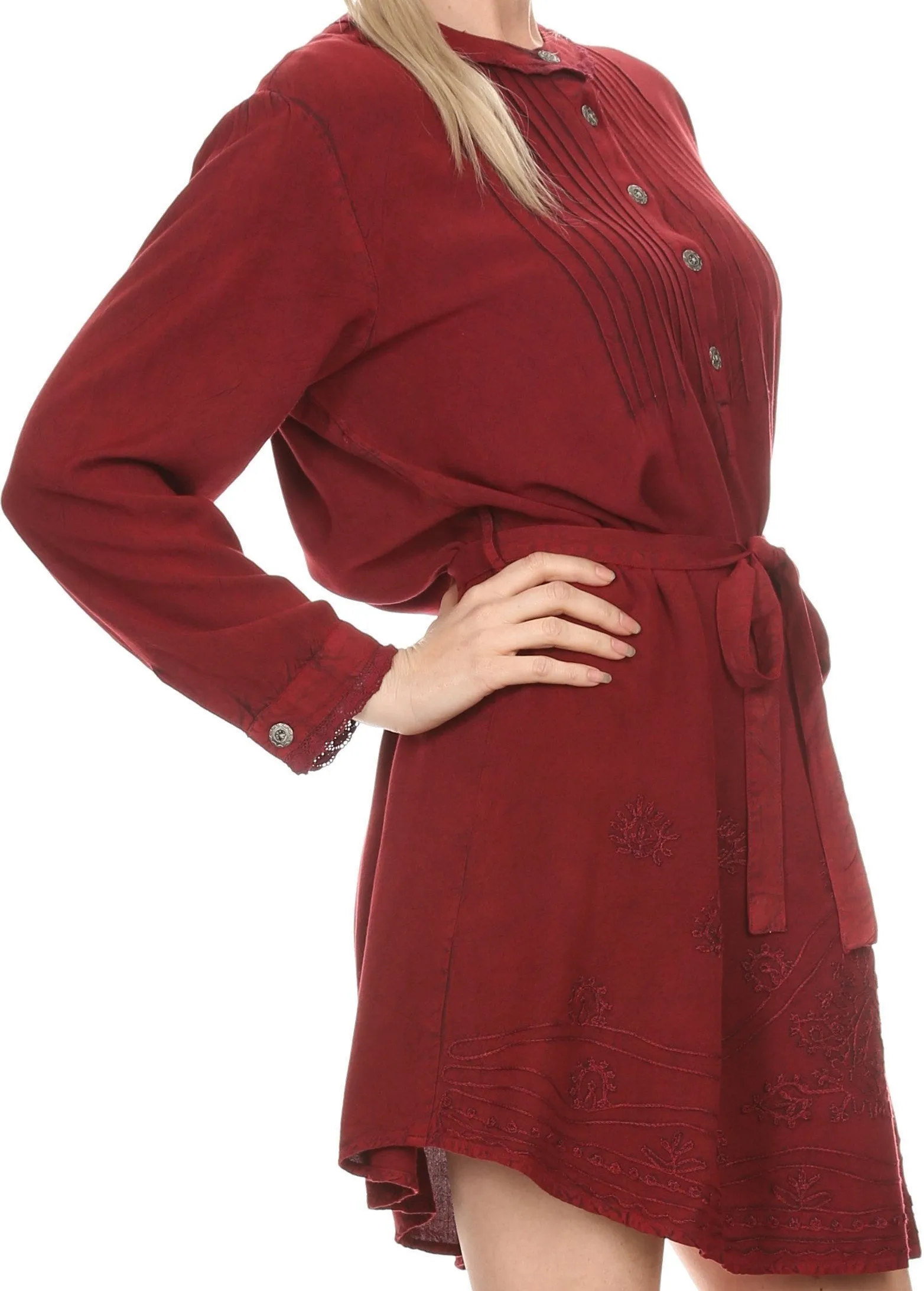 Sakkas Leslie Henley Long Sleeve Crochet Cuffed Embroidered Adjustable Tie Dress