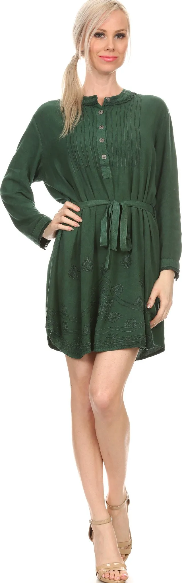 Sakkas Leslie Henley Long Sleeve Crochet Cuffed Embroidered Adjustable Tie Dress